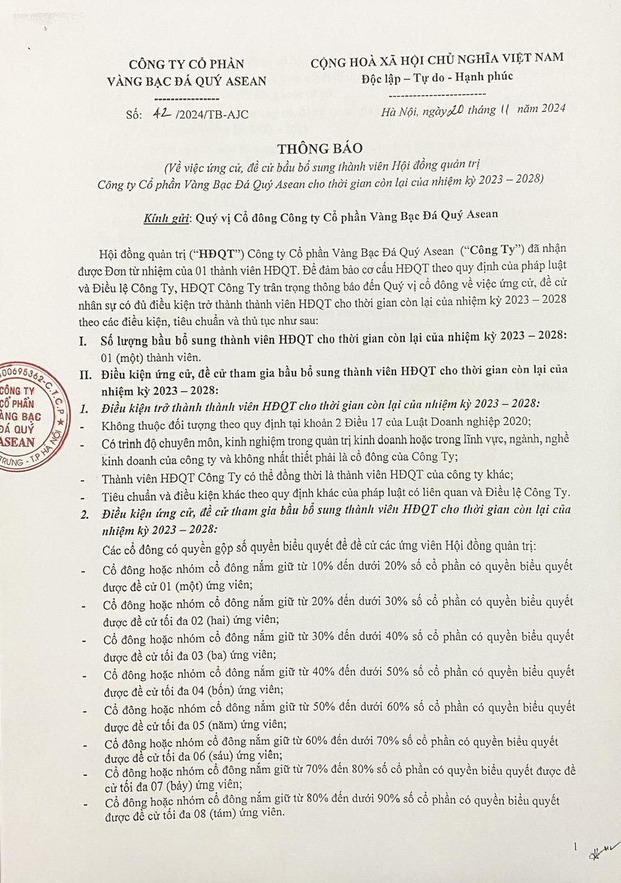 Thông báo về việc ứng cử, đề cử bầu bổ sung thành viên Hội đồng quản trị cho thời gian còn lại của nhiệm kỳ 2023 - 2028