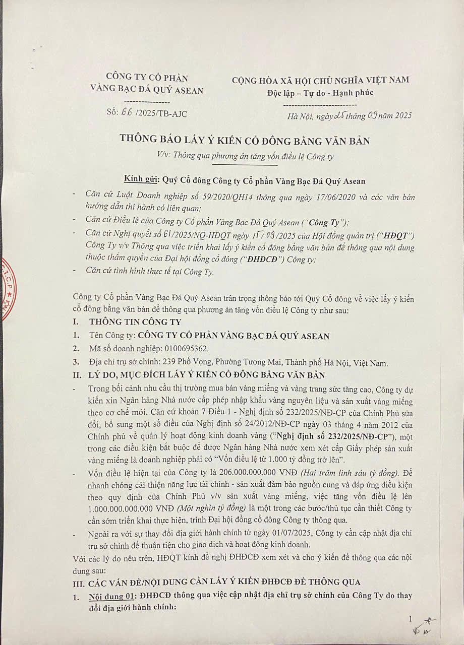 Thông báo lấy ý kiến cổ đông bằn văn bản về việc: Thông qua phương án tăng vốn điều lệ Công ty